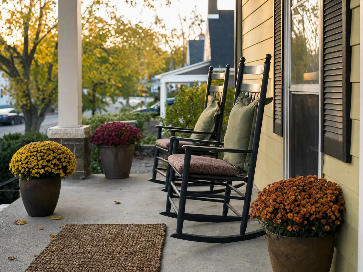 A front porch with rocking chairs and autumn mums